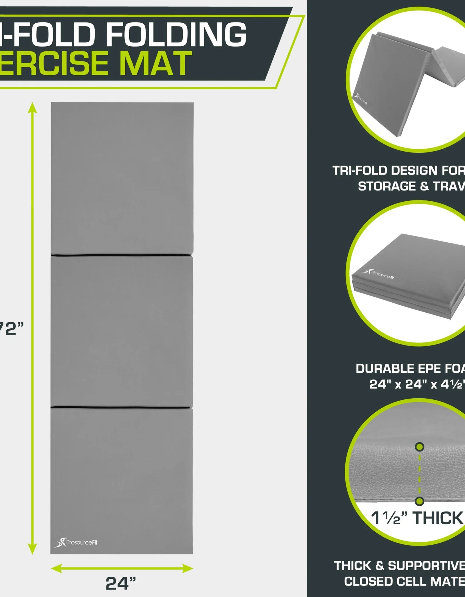 Tri-Fold Folding Gymnastics Mat 6’X2’ for Exercise